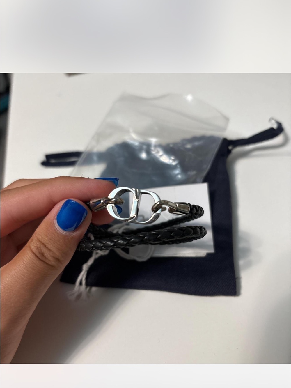 Dior Black Braided Leather Double-Wrap Bracelet with Silver Dior Hook